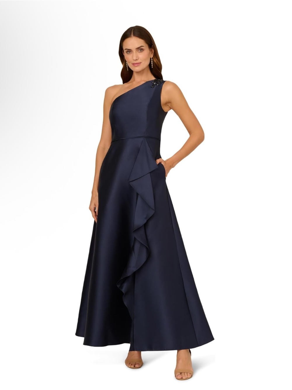 Adrianna Papell Womens Embellished One-Shoulder Sleeveless Mikado Gown sz 8